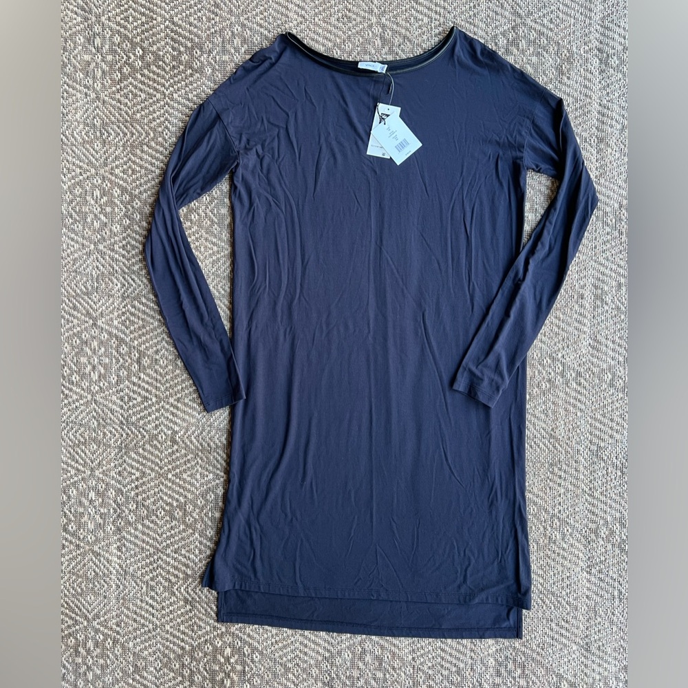 Vince Long Sleeve T-Shirt Dress Navy Black Leather Trim Womens XS